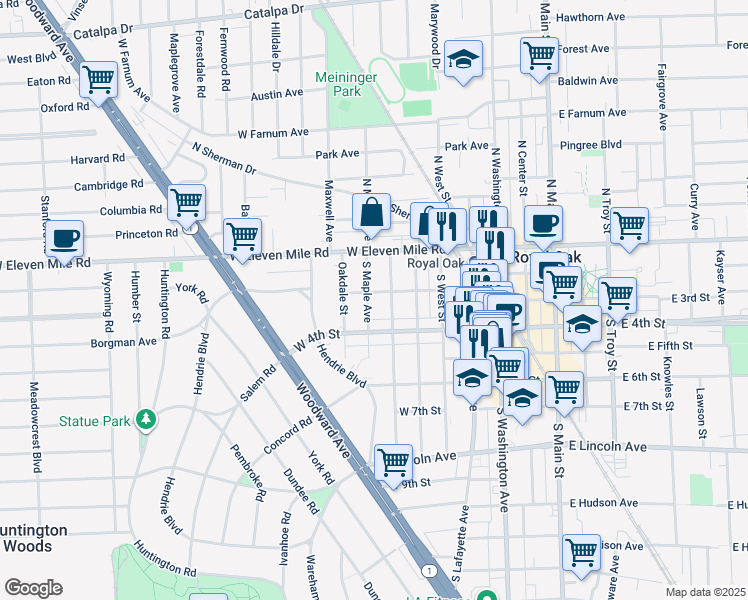 map of restaurants, bars, coffee shops, grocery stores, and more near 324 South Maple Avenue in Royal Oak