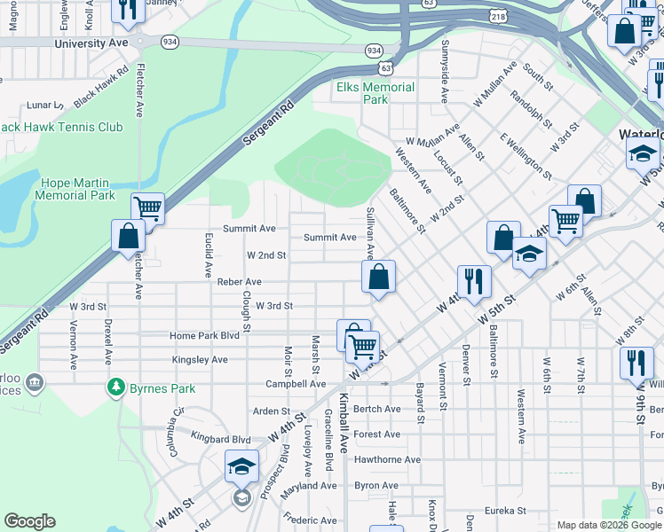 map of restaurants, bars, coffee shops, grocery stores, and more near 217 Reber Avenue in Waterloo