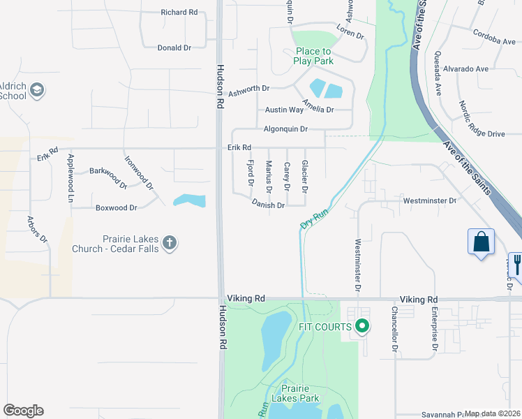 map of restaurants, bars, coffee shops, grocery stores, and more near 1428 Danish Drive in Cedar Falls