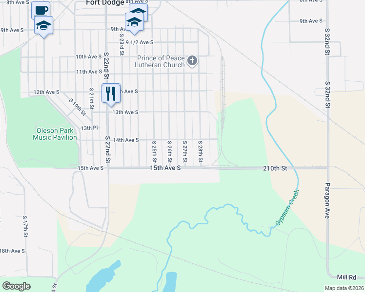 map of restaurants, bars, coffee shops, grocery stores, and more near 1446 South 27th Street in Fort Dodge