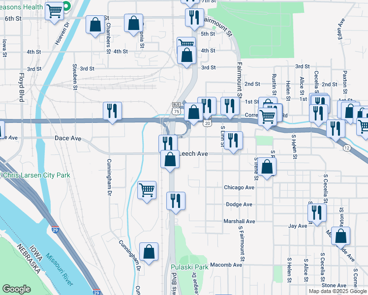 map of restaurants, bars, coffee shops, grocery stores, and more near 1328 South Lewis Boulevard in Sioux City