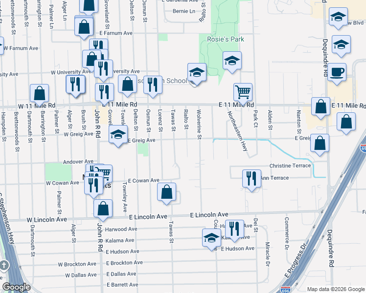 map of restaurants, bars, coffee shops, grocery stores, and more near 26402 Rialto Street in Madison Heights