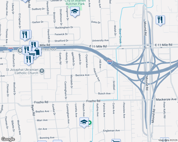 map of restaurants, bars, coffee shops, grocery stores, and more near 26480 Crystal Avenue in Warren