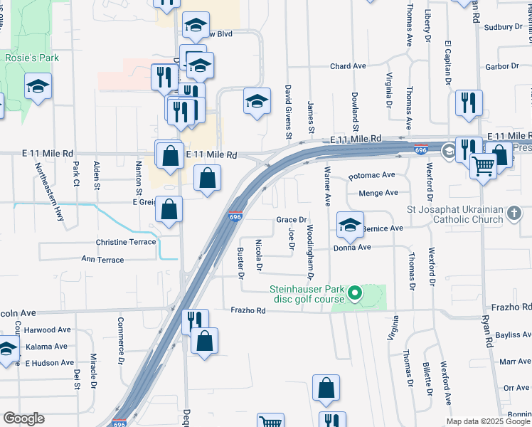 map of restaurants, bars, coffee shops, grocery stores, and more near 2402 Grace Drive in Warren