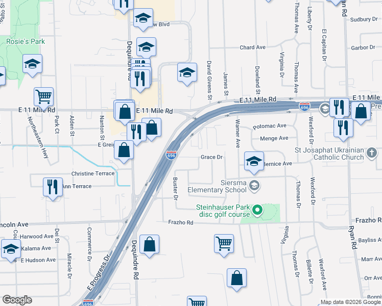 map of restaurants, bars, coffee shops, grocery stores, and more near 2402 Grace Drive in Warren