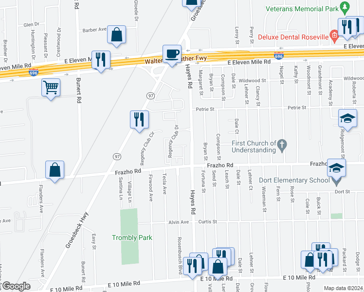 map of restaurants, bars, coffee shops, grocery stores, and more near 26163 Regency Club Drive in Warren