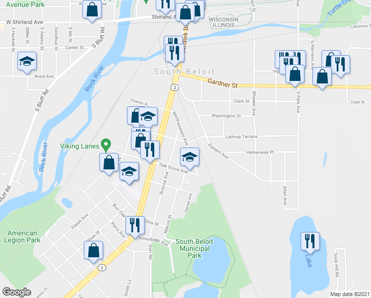 map of restaurants, bars, coffee shops, grocery stores, and more near 610 Fairview Avenue in South Beloit