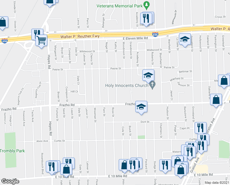 map of restaurants, bars, coffee shops, grocery stores, and more near 26063 Kathy Street in Roseville