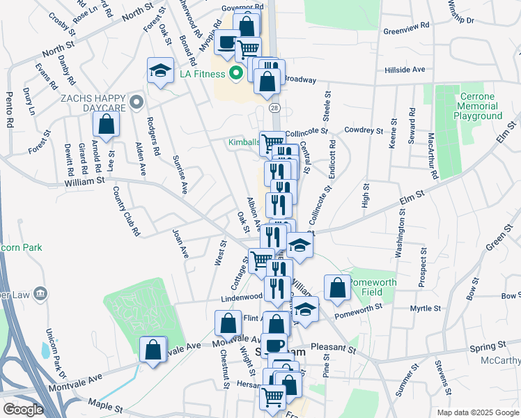 map of restaurants, bars, coffee shops, grocery stores, and more near 6B Albion Avenue in Stoneham