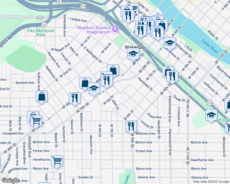 map of restaurants, bars, coffee shops, grocery stores, and more near 908 West 6th Street in Waterloo