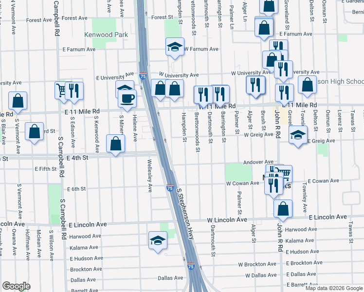 map of restaurants, bars, coffee shops, grocery stores, and more near 26585 Hampden Street in Madison Heights