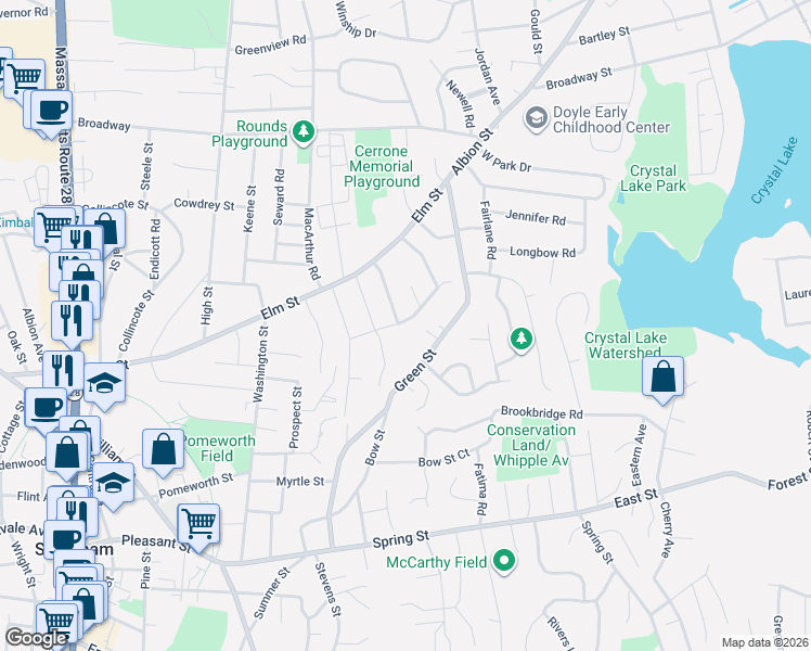 map of restaurants, bars, coffee shops, grocery stores, and more near 222 Green Street in Stoneham