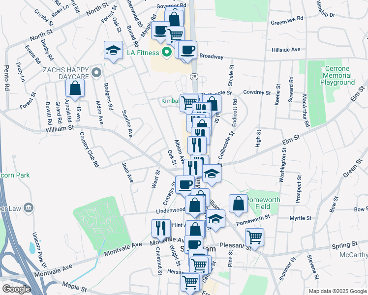 map of restaurants, bars, coffee shops, grocery stores, and more near 6B Albion Avenue in Stoneham