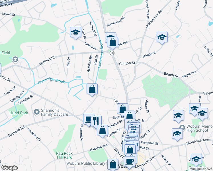 map of restaurants, bars, coffee shops, grocery stores, and more near 41 Kilby Street in Woburn
