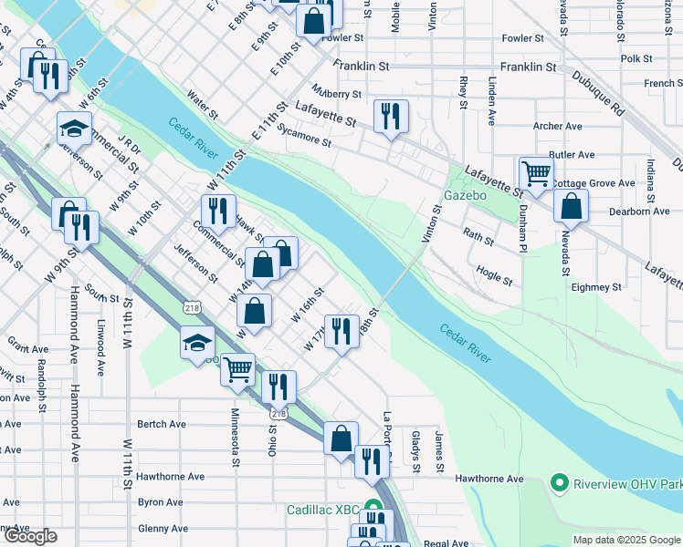 map of restaurants, bars, coffee shops, grocery stores, and more near 1823 Black Hawk Street in Waterloo