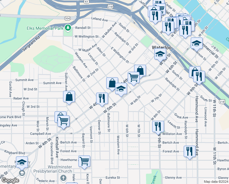 map of restaurants, bars, coffee shops, grocery stores, and more near 1120 West 5th Street in Waterloo