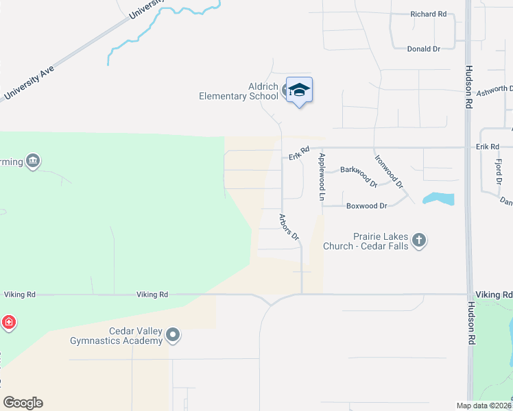 map of restaurants, bars, coffee shops, grocery stores, and more near 6206 Viking Road in Cedar Falls