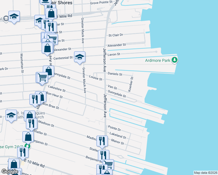 map of restaurants, bars, coffee shops, grocery stores, and more near 22411 Wildwood Street in St. Clair Shores