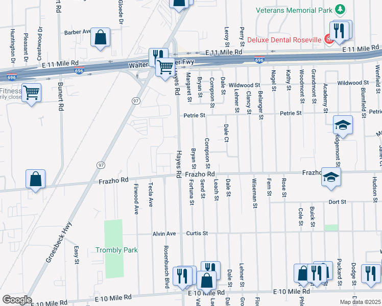 map of restaurants, bars, coffee shops, grocery stores, and more near 26071 Bryan Street in Roseville