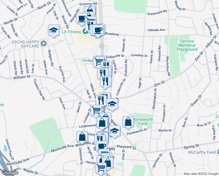 map of restaurants, bars, coffee shops, grocery stores, and more near 212 Main Street in Stoneham