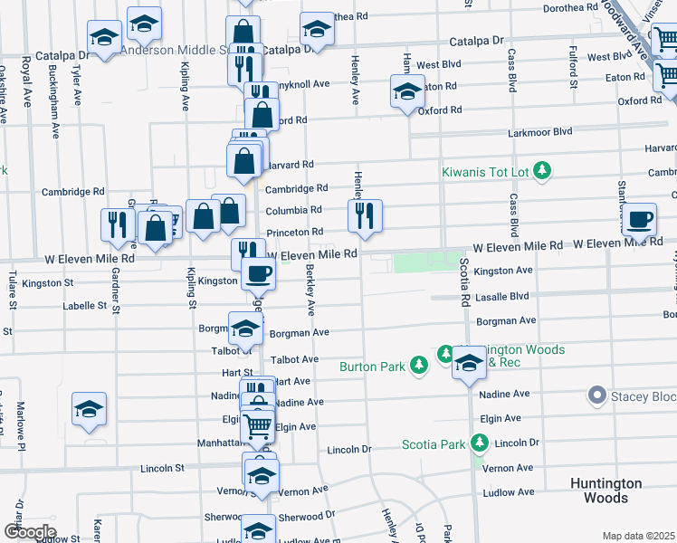 map of restaurants, bars, coffee shops, grocery stores, and more near 13129 Kingston Avenue in Huntington Woods