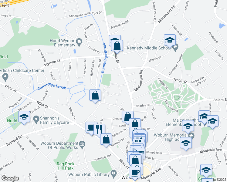 map of restaurants, bars, coffee shops, grocery stores, and more near 385 Place Lane in Woburn
