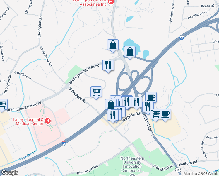 map of restaurants, bars, coffee shops, grocery stores, and more near 3 Burlington Woods Drive in Burlington