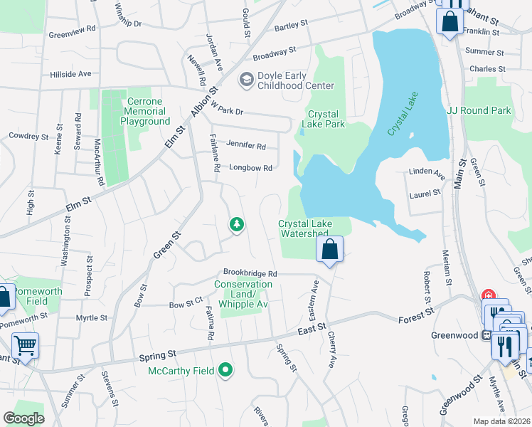 map of restaurants, bars, coffee shops, grocery stores, and more near 31 Hall Road in Stoneham