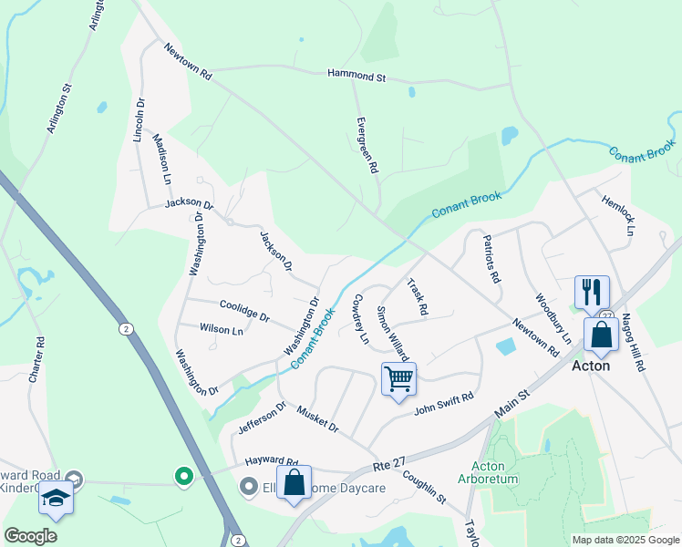 map of restaurants, bars, coffee shops, grocery stores, and more near 9 Washington Drive in Acton