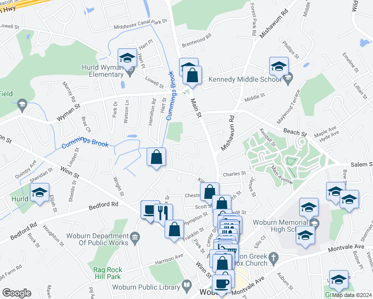 map of restaurants, bars, coffee shops, grocery stores, and more near 385 Place Lane in Woburn