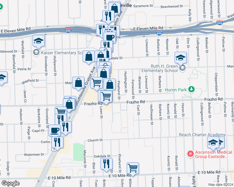 map of restaurants, bars, coffee shops, grocery stores, and more near 26111 Pinehurst Street in Roseville
