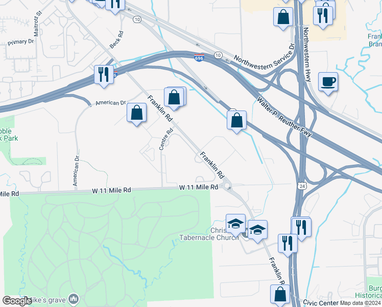 map of restaurants, bars, coffee shops, grocery stores, and more near 27600 Franklin Road in Southfield