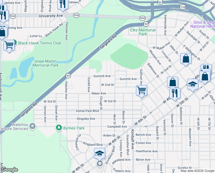 map of restaurants, bars, coffee shops, grocery stores, and more near 327 Summit Avenue in Waterloo