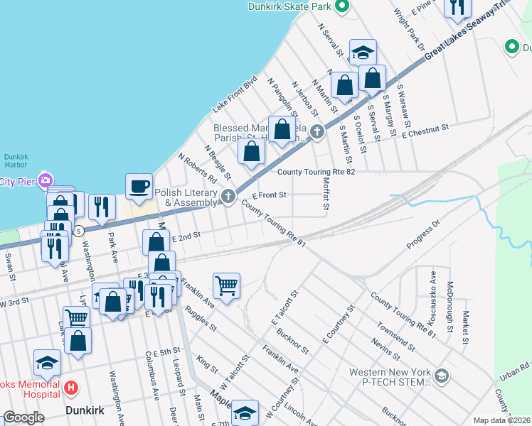map of restaurants, bars, coffee shops, grocery stores, and more near 209 South Roberts Road in Dunkirk