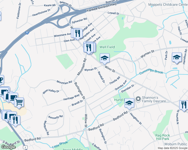 map of restaurants, bars, coffee shops, grocery stores, and more near 21 Wyman Street in Burlington