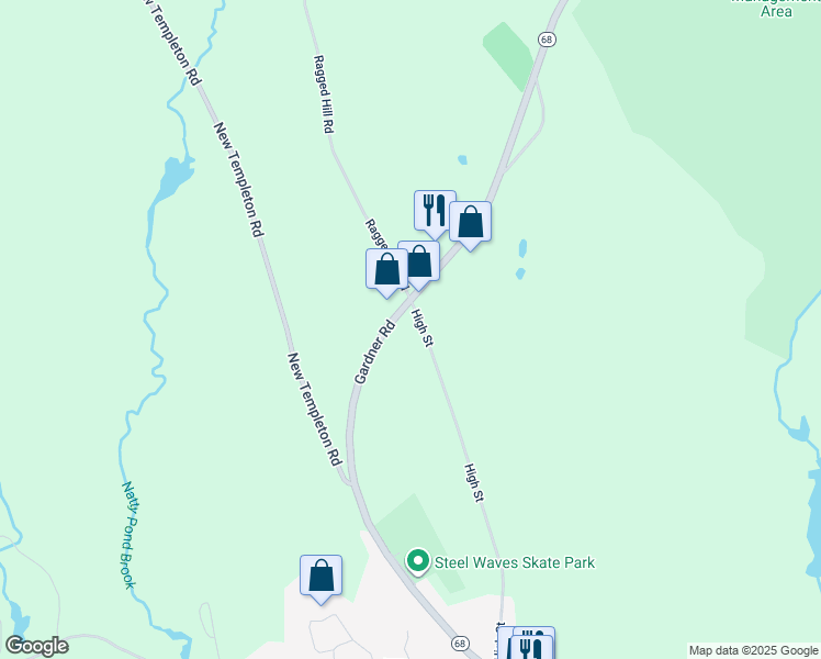 map of restaurants, bars, coffee shops, grocery stores, and more near 48 Gardner Road in Hubbardston