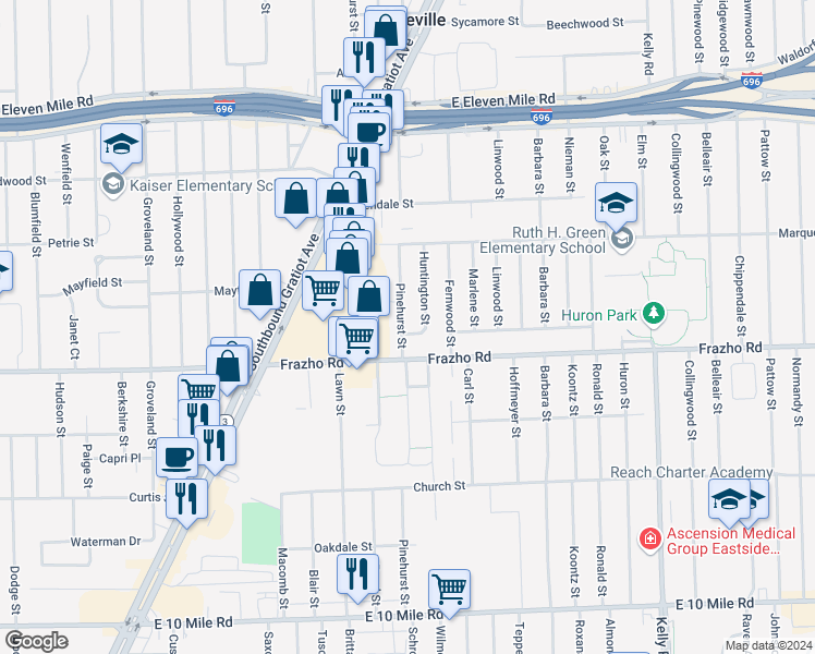 map of restaurants, bars, coffee shops, grocery stores, and more near 26050 Pinehurst Street in Roseville