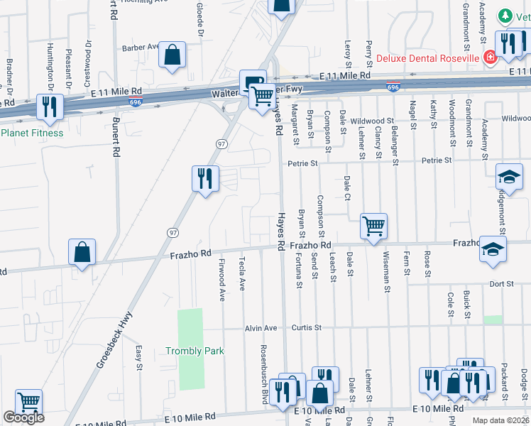 map of restaurants, bars, coffee shops, grocery stores, and more near 26154 Regency Club Drive in Warren