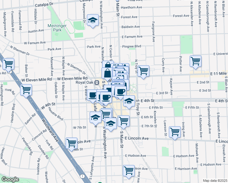 map of restaurants, bars, coffee shops, grocery stores, and more near in Royal Oak