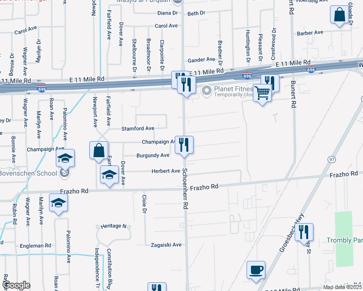 map of restaurants, bars, coffee shops, grocery stores, and more near 13339 Champaign Avenue in Warren