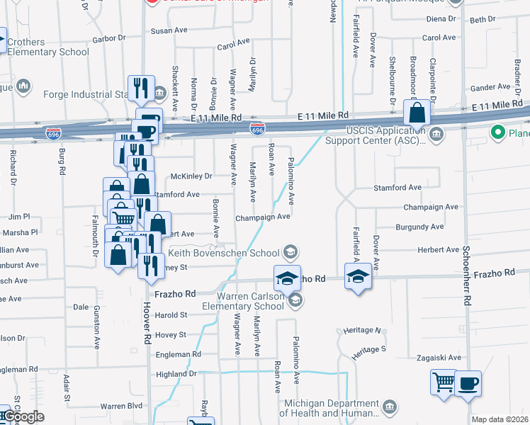 map of restaurants, bars, coffee shops, grocery stores, and more near 26460 Marilyn Avenue in Warren