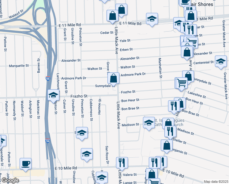 map of restaurants, bars, coffee shops, grocery stores, and more near 26501 Little Mack Avenue in St. Clair Shores