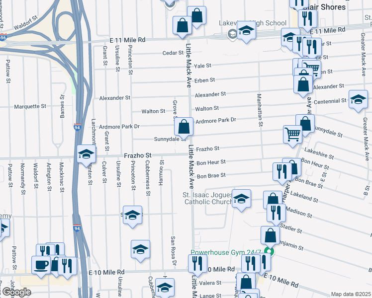 map of restaurants, bars, coffee shops, grocery stores, and more near 26501 Little Mack Avenue in St. Clair Shores