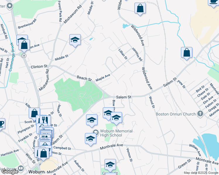 map of restaurants, bars, coffee shops, grocery stores, and more near 5 Dearborn Terrace in Woburn