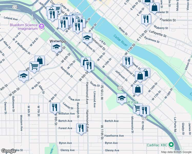 map of restaurants, bars, coffee shops, grocery stores, and more near 326 West 10th Street in Waterloo