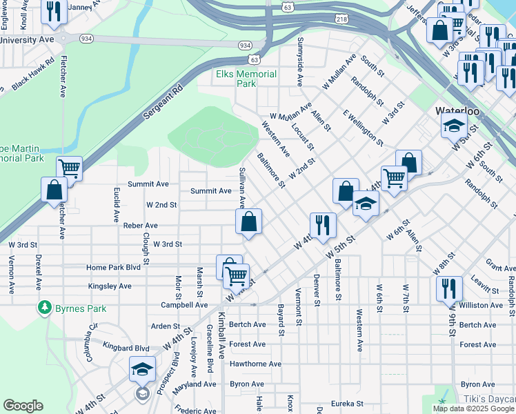 map of restaurants, bars, coffee shops, grocery stores, and more near 256 Denver Street in Waterloo