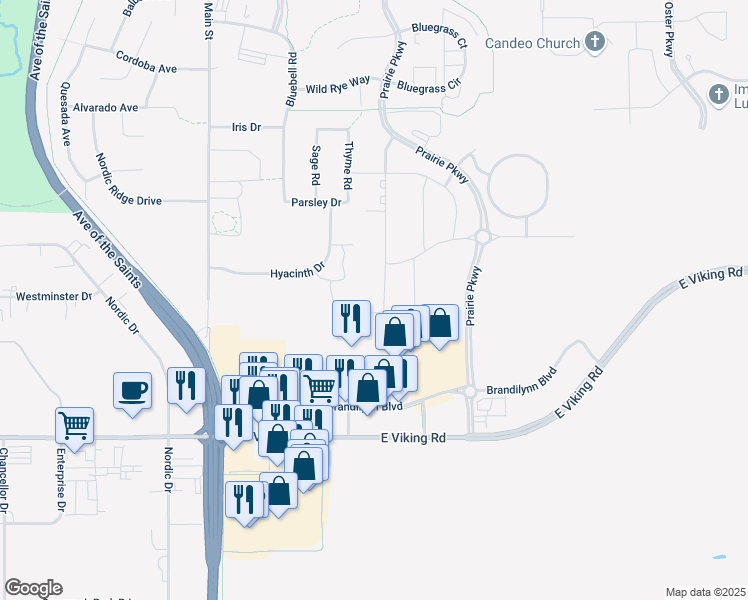 map of restaurants, bars, coffee shops, grocery stores, and more near Hyacinth Drive in Cedar Falls