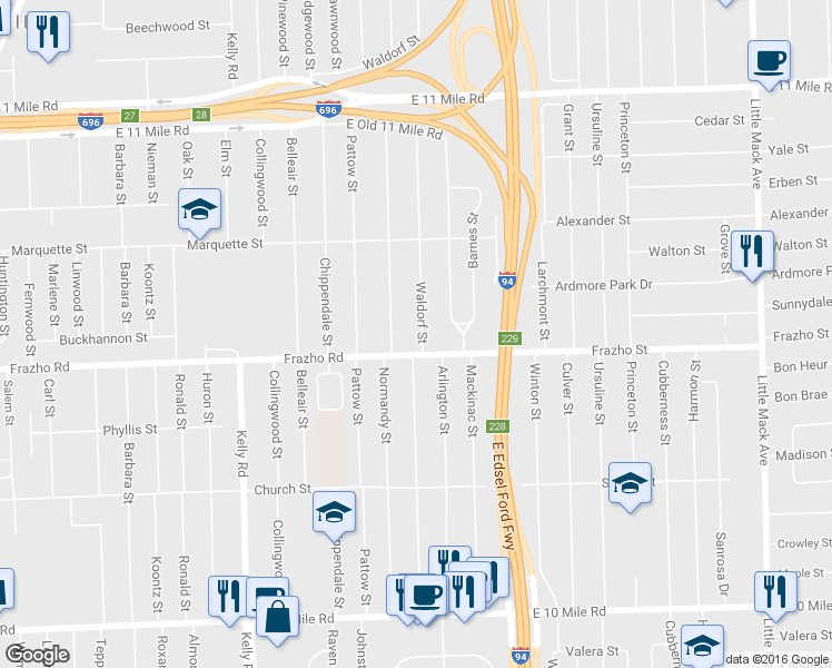 map of restaurants, bars, coffee shops, grocery stores, and more near 26035 Waldorf Street in Roseville