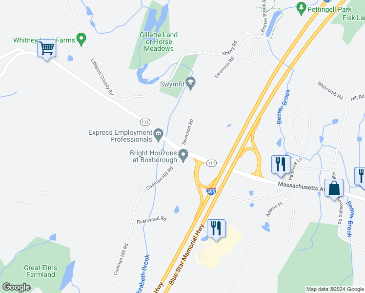 map of restaurants, bars, coffee shops, grocery stores, and more near 53 Swanson Road in Boxborough