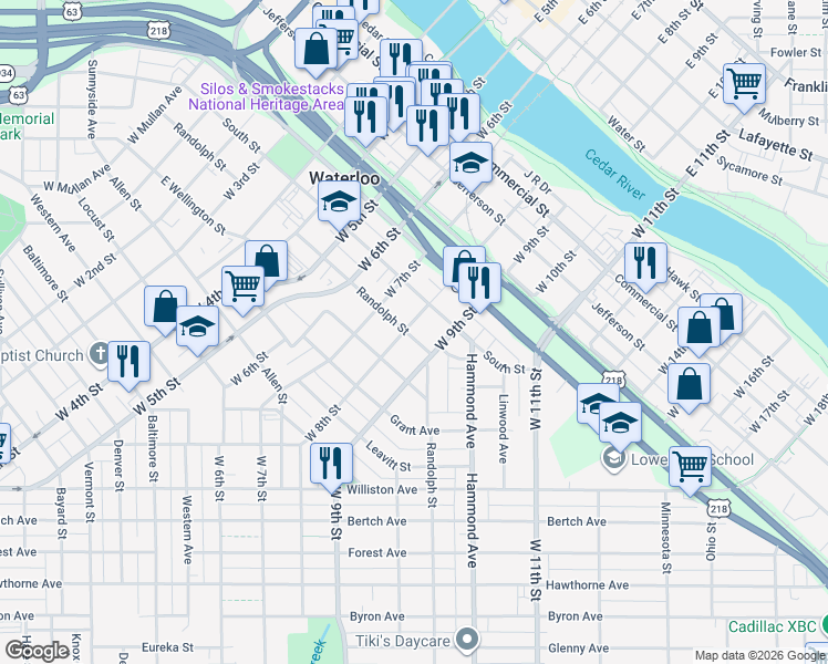 map of restaurants, bars, coffee shops, grocery stores, and more near 612 West 8th Street in Waterloo
